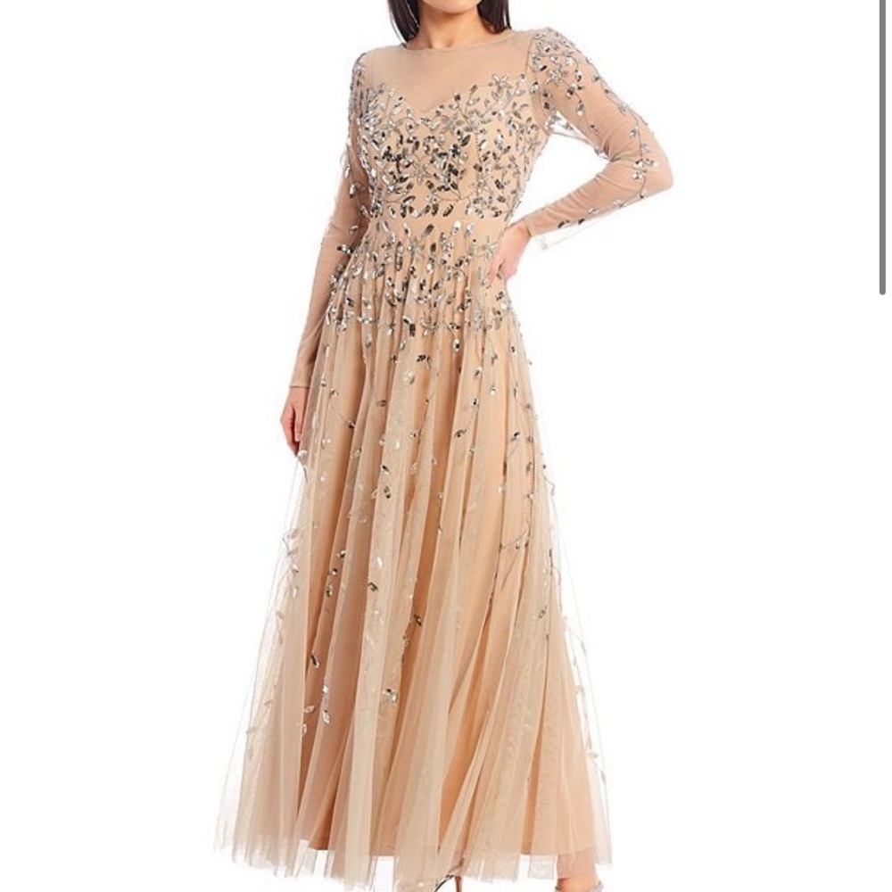 Adrianna Papell Illusion Crew Neck Yoke Long Sleeve Floral Beaded Gown
